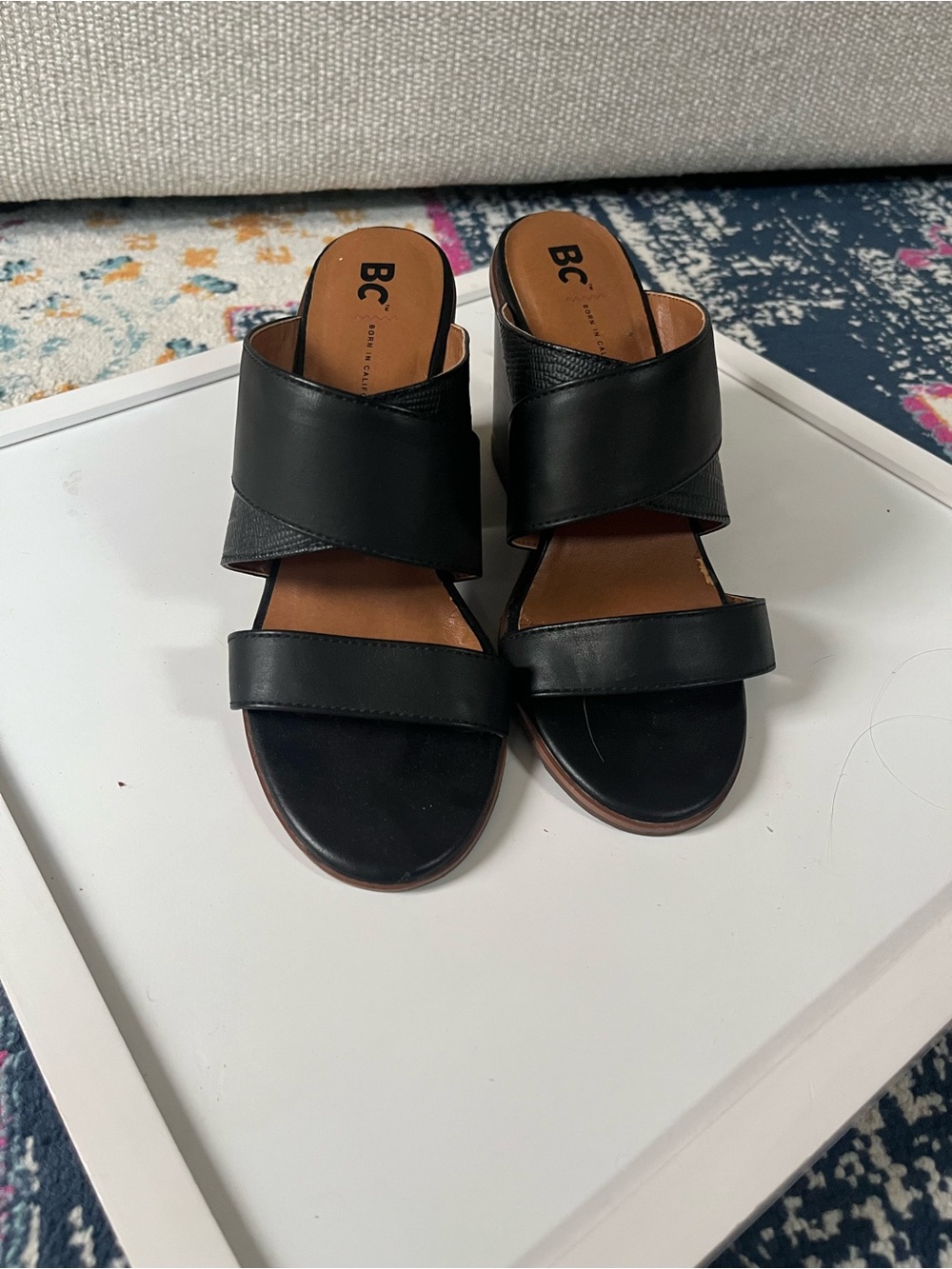 BC Black Leather Crossover Slide Mules